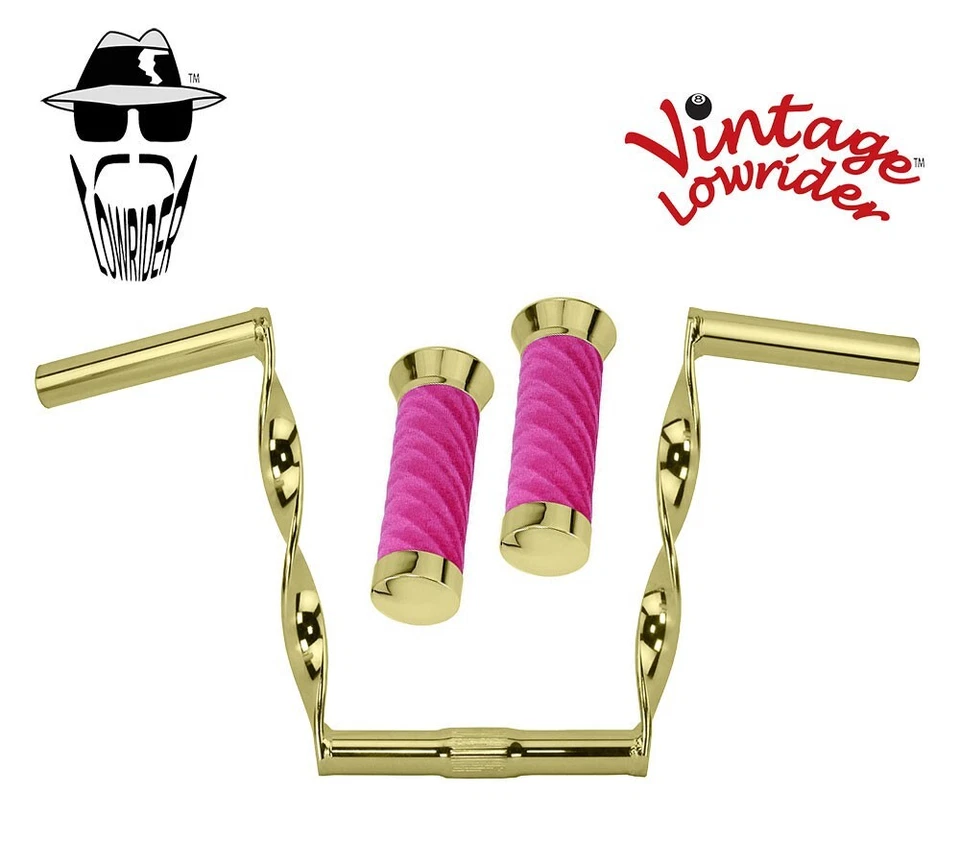 Manillar trenzado plano dorado Lowrider 9" de colección 25,4 mm y empuñaduras de terciopelo rosa remolino. Foto 1 de 1