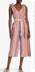 ANGIE 100% Cotton Striped Jumpsuit WOMEN'S M Pockets Straight Cropped Leg - Picture 1 of 6