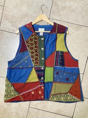 Susan Bristol Patchwork Vest Embroidered Multi Texture Knit Boho Cottage Size 2W - Image 1 of 4