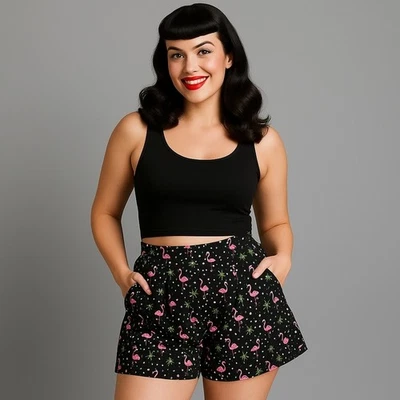 Saia de cintura alta Bettie Page XS Flamingo Tiki estampa novidade Rockabilly Pinup Y2K - Imagem 1 de 4