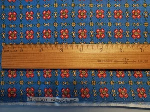 Vintage Abbot Cotton Fabric Remnant Red Flowers on Blue 33" x 44" - Picture 1 of 2