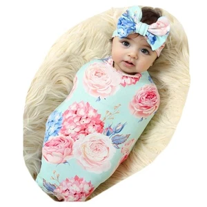 Receiving Blanket Headband Set Flower Print Baby Swaddle Blankets - Picture 1 of 6
