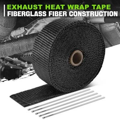 Cabezal de escape de fibra de vidrio negro de 2" de 30 pies envoltura térmica y lazos de acero inoxidable de 5 piezas Foto 1 de 4