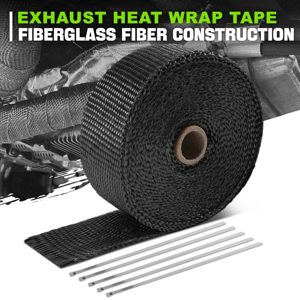 Cabezal de escape de fibra de vidrio negro de 2" de 30 pies envoltura térmica y lazos de acero inoxidable de 5 piezas Foto 1 de 4