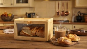 Cubo de pan rectangular de madera de bambú de una sola capa para almacenamiento de alimentos - Imagen 1 de 9