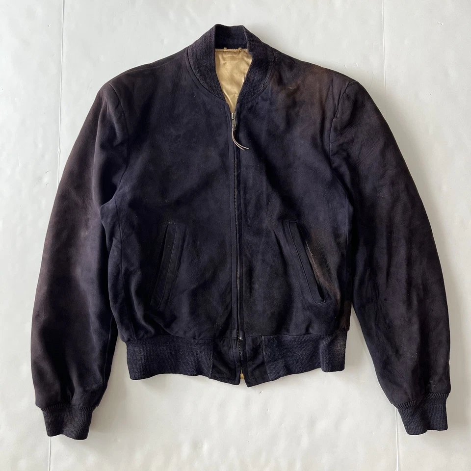 60s Vintage Suede Bomber Jacket Men’s Size 38 Navy Casual Full Zip - Image 1 of 4