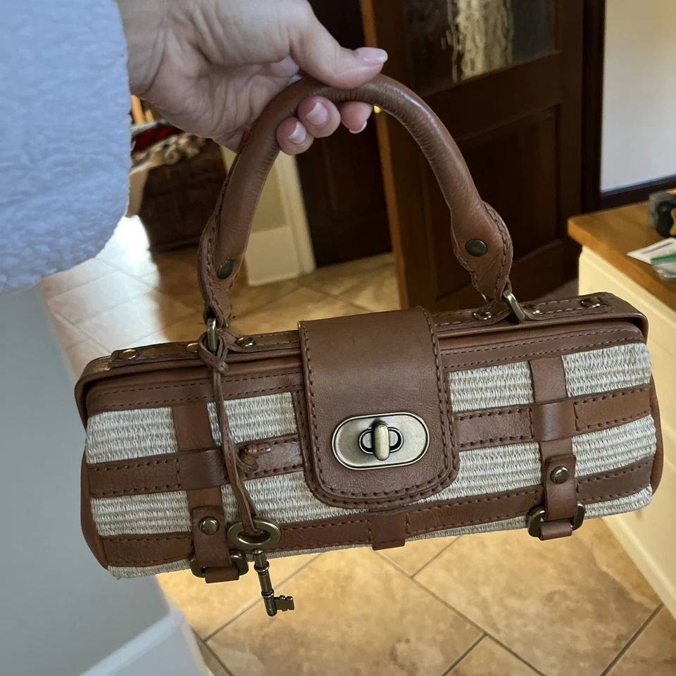 Vintage Fossil Cigar Rattan Tan Leather Authentic Purse Handbag Satchel Bag - Image 1 of 4