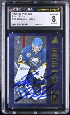 Dominik Hasek Signed 1995-96 Pinnacle First Strike #14 Sabres CGC 8 JSA 9 Auto - Image 1 of 2