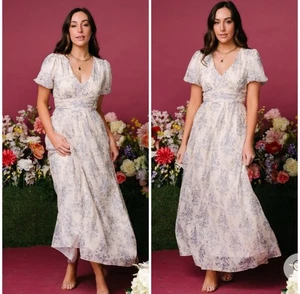 Maxi abito Baltic Born Ardley blu e panna floreale manica a sbuffo taglia 3XL - Foto 1 di 7