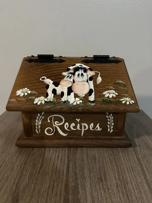 Редкий товар! Винтажная деревянная коробка для хлеба с ручной росписью коровы коттеджкор кантри - Изображение 1 из 3