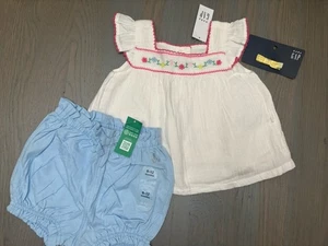 NWT Baby Gap girl SUMMER floral embroidered blue shorts bow 3-piece SET 6 9 12 - Picture 1 of 9
