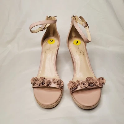 Jessica Simpson 3.5" Wedge Heel Ankle Strap Sandal 9M/Dusty Rose/Floral Decor - Image 1 of 4