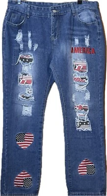 Women’s Jeans XXL 34 Waist America Patchwork USA Distressed Patriotic Stretch - Image 1 of 4