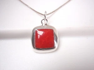 Red Coral Square with Rounded Corners 925 Sterling Silver Necklace - Picture 1 of 2