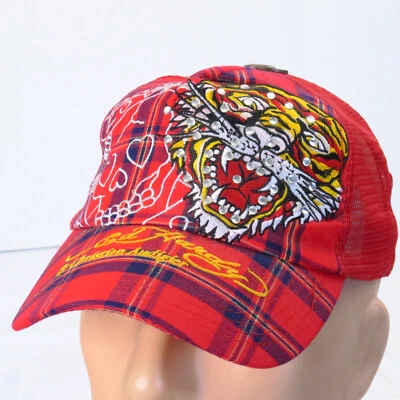 Don Hardy por Christian Audigier Rojo Cuadros Estrás Tigre Snapback Malla Camionero Foto 1 de 4