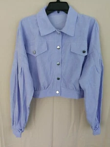 Women's Corduroy Lapel Collar Lantern Sleeve Button Down Crop Jacket Top Lav XL - Picture 1 of 11