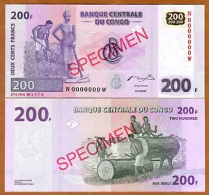 SPECIMEN, Congo D.R. 200 Francs, 2007 P-99s, UNC - Picture 1 of 1