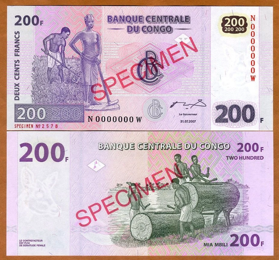 SPECIMEN, Congo D.R. 200 Francs, 2007 P-99s, UNC - Image 1 of 1
