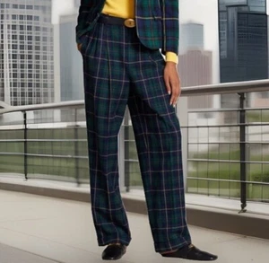 Polo Ralph Lauren Trouser Pants Tartan High Waist Plaid Pleated Wool Women Sz 4 - Picture 1 of 10