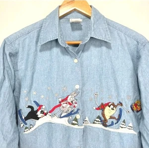 Vintage Looney Tunes Denim Polo Tshirt Sz S Blue Cotton Bugs Bunny Taz Skiing 10 - Picture 1 of 3