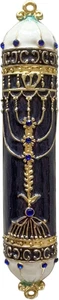 Mezuzá, exquisita mezuzá esmaltada negra y dorada con acento de cristal azul - Imagen 1 de 12