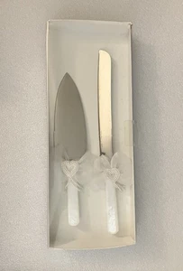 Stainless Steel Wedding Cake Server And Knife Set Faux Marble Handles Vintage - Picture 1 of 6