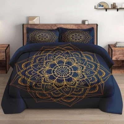 Size Comforter Set with 2 Pillowcases, Navy Blue Boho Gold King Multi 24 - Image 1 of 4