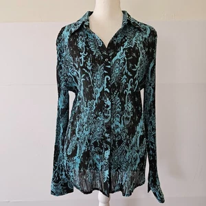 VTG Marks & Spencer Size UK 16 Pleated Polyester Blue Black Button Up Blouse Shi - Picture 1 of 22