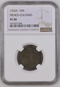 1763 A Colonial Coinage of 1709 - 1760 Sou Marque NGC VF-30 A FRENCH COLONIES - Picture 1 of 2