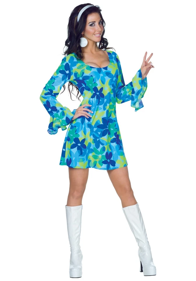 Underwraps Womens Retro Halloween Costume Adults Blue Wildflower Dress XL - Image 1 of 4