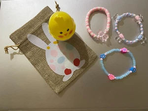 Childrens Easter Bracelet Set-Burlap Easter Bag w/Plastic egg-Pink, Blue, White - Picture 1 of 2