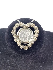 Vintage Heart Shaped Rose W Coin Necklace 1944 Mercury Dime Winged Liberty Head - Picture 1 of 4