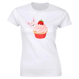 Cute Bunny and Strawberry Cupcake T-Shirt for Women Foodie Animal Tee Shirt - Picture 1 of 2