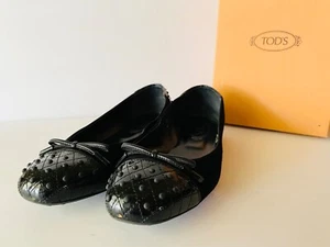 Tod’s Ballet Flats Black Suede w/ Patent Leather Cap Toes and Heels Studded Bow - Picture 1 of 8