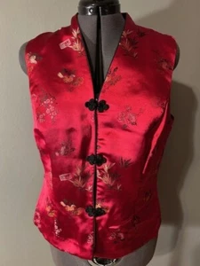 Chaleco grande Dressbarn de inspiración asiática rojo brocado botón/a presión para mujer - Imagen 1 de 3