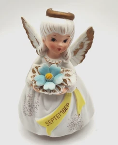Vintage Lefton Engel September Geburtstag Mädchen Spieluhr Spielfigur Blumen Gänseblümchen - Bild 1 von 15