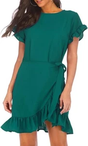 WEEPINLEE Women's Short Sleeve Round Neck Ruffles Wrap Party Dress - Picture 1 of 5