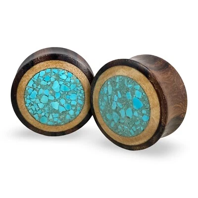 Pair of Sono Wood with Crushed Turquoise Inlay Plugs gauges organic plugs - Image 1 of 4