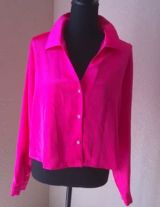 SWEET RAIN WOMENS BRIGHT PINK SATIN CROP TOP WITH LONG SLEEVE AND SILVER RHINSTO - Picture 1 of 4
