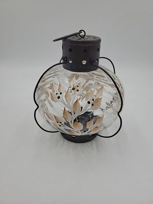 Decorative Hand Painted Glass Hanging Candle Lantern Tea Light Tree Design  - Image 1 of 4