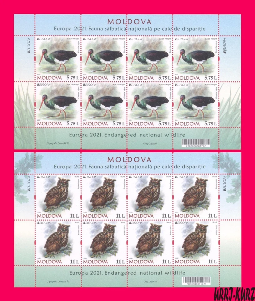 MOLDAVIA 2021 Europa CEPT Naturaleza Fauna Aves Águila-Búho Cigüeña Negra 2 ms Mi1163-64 Foto 1 de 1