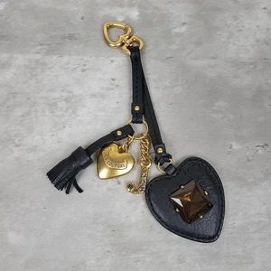 Vintage Juicy Couture Taschenanhänger schwarz Leder gold Metall Herz Quaste Clip Y2K - Bild 1 von 8