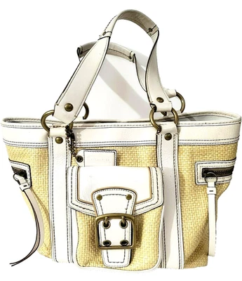 Vintage COACH White Leather Trim Tote handbag LEGACY with Natural Straw Purse - Image 1 of 4