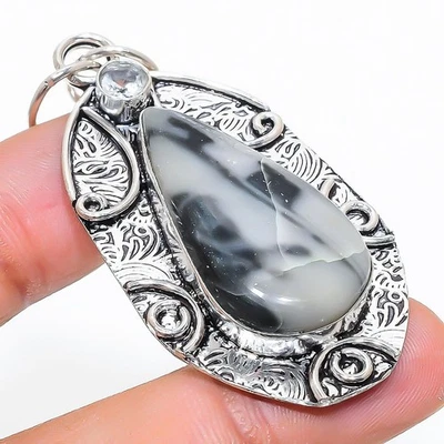 Maligano Diaspro, Topazio Bianco Gemma 925 Argento Sterling Gioielli Pendente A - Immagine 1 di 4