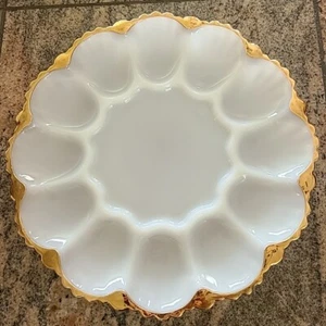 Anchor Hocking Fire King Deviled Egg Plate Milk Glass With Gold Trim 10” Vintage - Picture 1 of 4