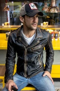 Giacca da uomo nera biker vintage effetto invecchiato moto cafe racer vera pelle - Foto 1 di 7