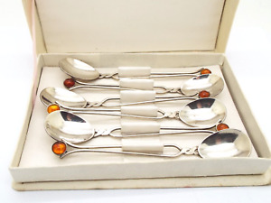 6 Matching Polish Boxed Silver Plated Coffee Spoons Amber Finial