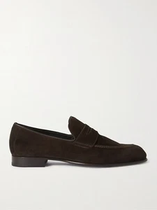 BRIONI Leather-Trimmed Suede Penny Loafers Dark Brown UK 10 / US 11 - Picture 1 of 5