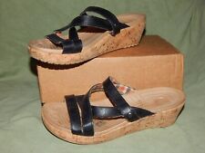 Womens size 7 Crocs black faux leather sandals wedge heels shoes slip-on 2"