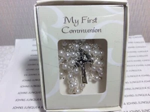 MY FIRST COMMUNION ROSARY New in window box WHITE Beads with Cross and Chalice - Picture 1 of 5